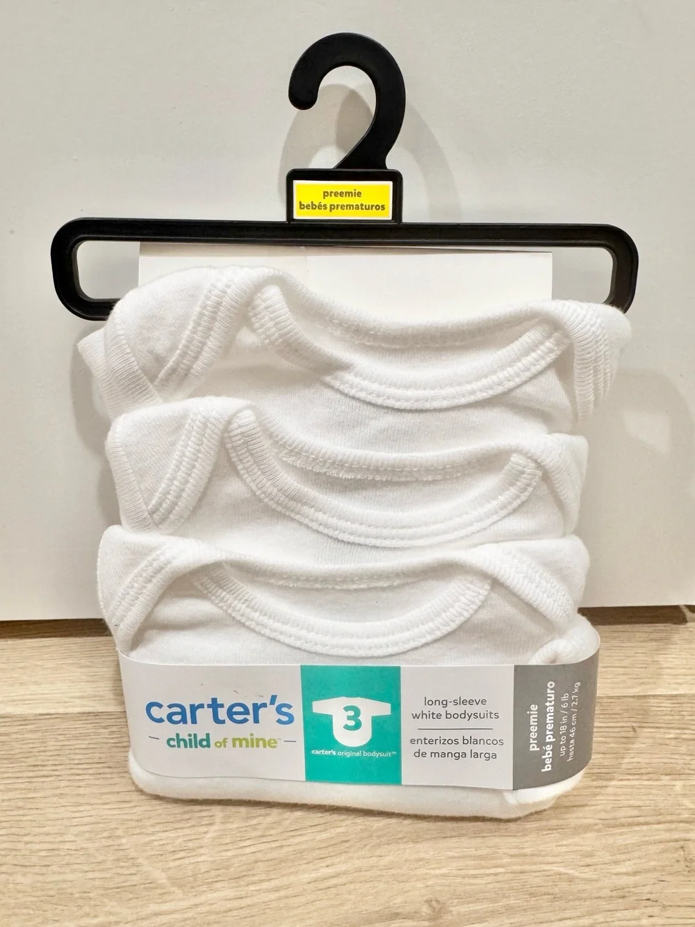 NWT Carter's 3-pack White Long-Sleeve Preemie Baby Bodysuit